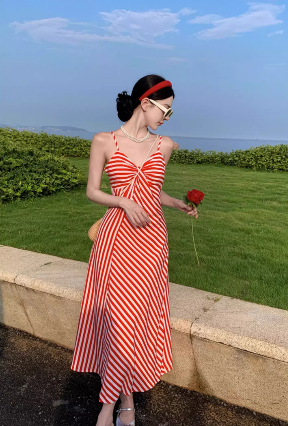 Dopamine Red & White Striped Brightening Maxi Dress Charming Twist Front Coastal Shoots Long Dress AP1388