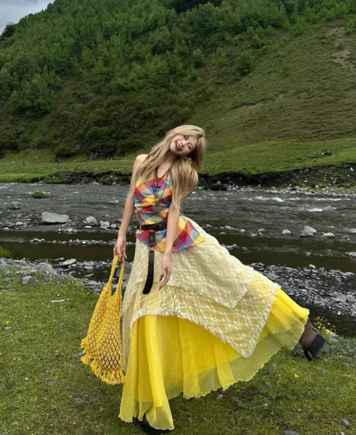 Dopamine Colorful Patchwork Top Maxi Dress Brightening Lace Layered Nature Shoots Long Dress AP1389