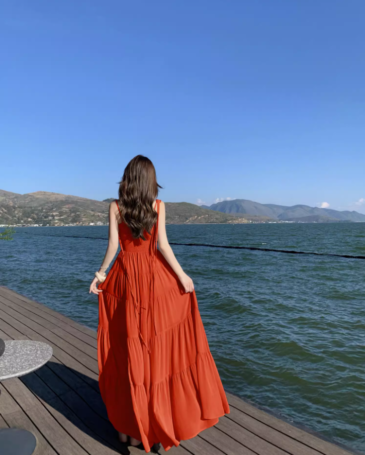 Vibrant Red Adjustable Strap Maxi Dress Brightening Nature Shoots Sweetheart Neck Flowy Long Dress AP1390