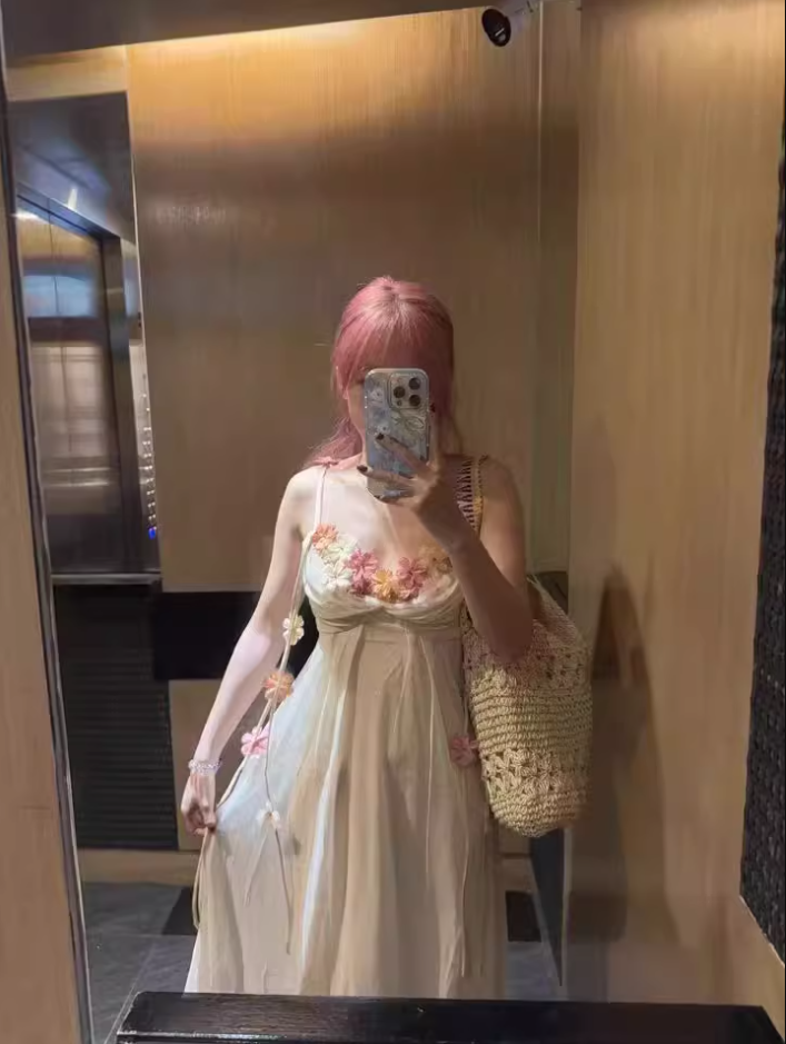 Dreamy 3D Floral Design Spaghetti Strap Maxi Dress Chic Nature Shoots Ruched Flowy Long Dress AP1391