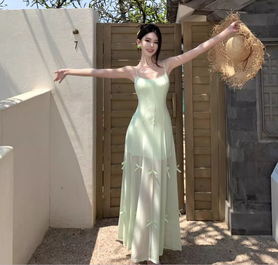 Dreamy Bow-Knot Design Spaghetti Strap Maxi Dress Classical Nature Shoots Flowy Tulle Overlay Long Dress AP1392