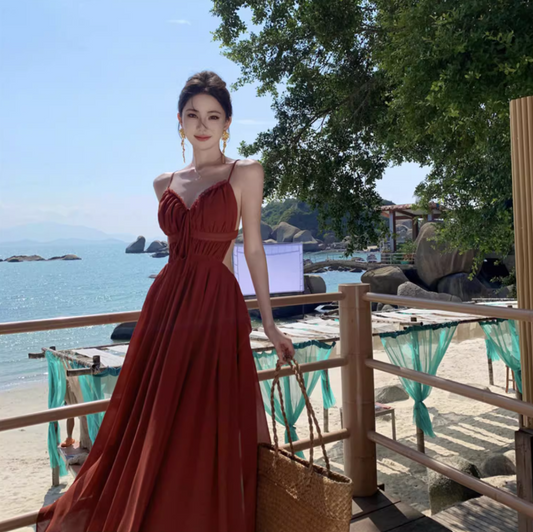 Sexy Red Spaghetti Strap Maxi Dress Charming Nature Shoots Flowy Natural Ruched Long Dress AP1393
