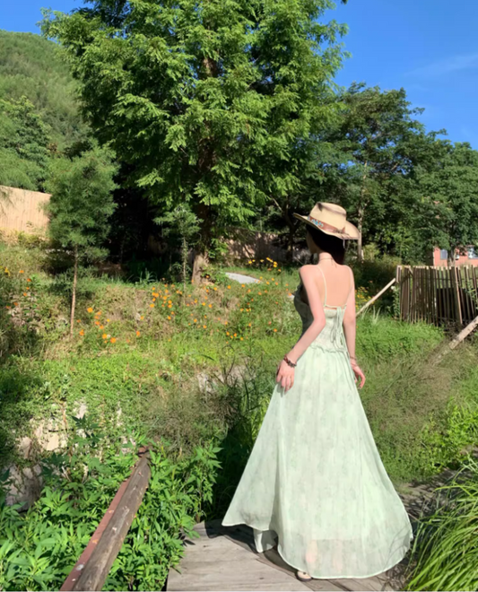 Dreamy Green Cinched-Waist Spaghetti Strap Maxi Dress Charming Ruffles Trimmed Nature Shoots Long Dress AP1396