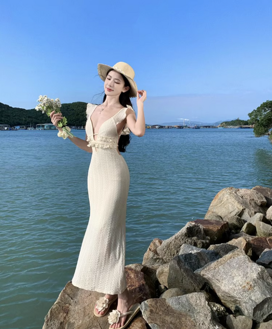 Dreamy Cinched-Waist Flutter Strap Maxi Dress Niche Nature Shoots Textured Fabric Long Dress AP1397