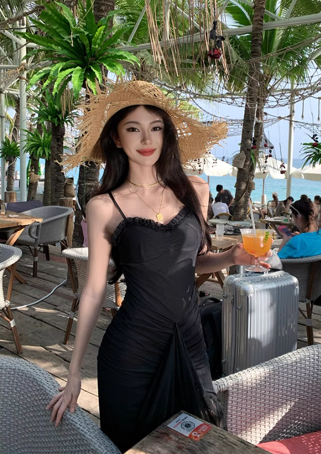 Summer Casual Vacays Side Slit Bodycon Maxi Dress Sexy Black Spaghetti Strap Long Dress AP1400
