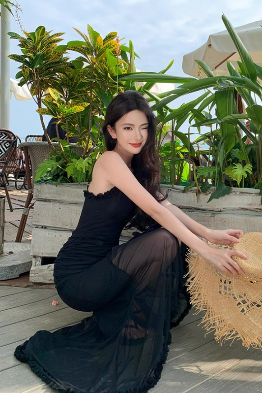 Summer Casual Vacays Side Slit Bodycon Maxi Dress Sexy Black Spaghetti Strap Long Dress AP1400