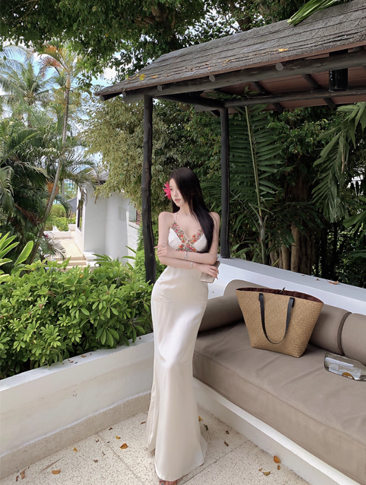 Summer Resort Vacays Floral Trim Maxi Dress Elegant Spaghetti Strap Satin Mermaid Long Dress AP1401