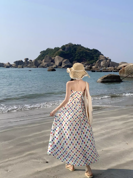 Dopamine Style Polka Dot Design Maxi Dress Chic Detachable Spaghetti Strap Flowy Long Dress AP1404