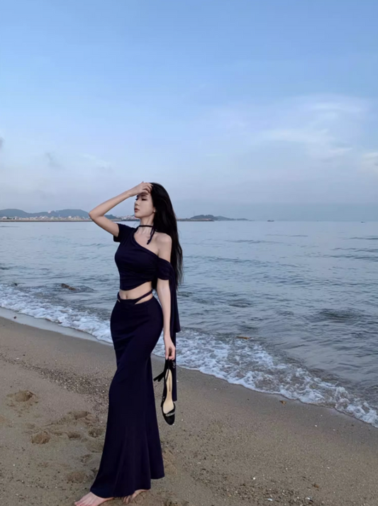 Sexy Navy Blue Two-Piece Set One-Shoulder Maxi Dress Chic Beach Vacays Asymmetric Neck Crop Top Mermaid Long Dress AP1405