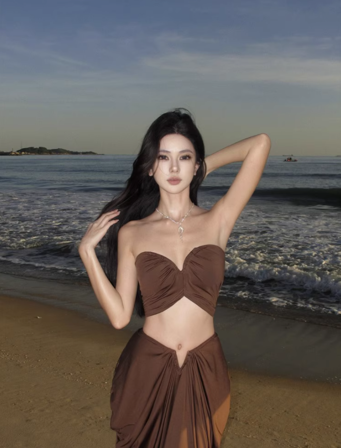 Vintage Brown Beach Outfit Maxi Dress Gen Z Vacays Outfit Strapless Cutout Top Draped Long Dress AP1406