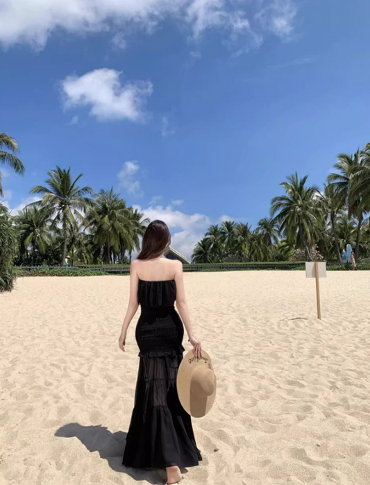 Charming Black Strapless Mermaid Maxi Dress Gen Z Vacays Outfit Ruffled Layered Mesh Long Dress AP1407