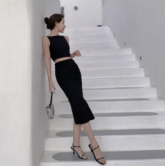 Charming Everyday Wear Black Sheath Midi Dress Two-Piece Set Cutout Top Bodycon Long Dress AP1409