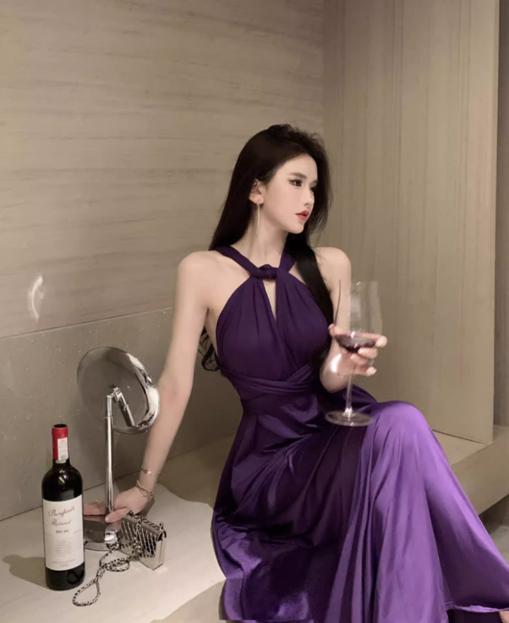 Sexy Purple Draped Hollow-Out Maxi Dress Chic CinChed-Waist Tie-Back Halter Long Dress AP1414