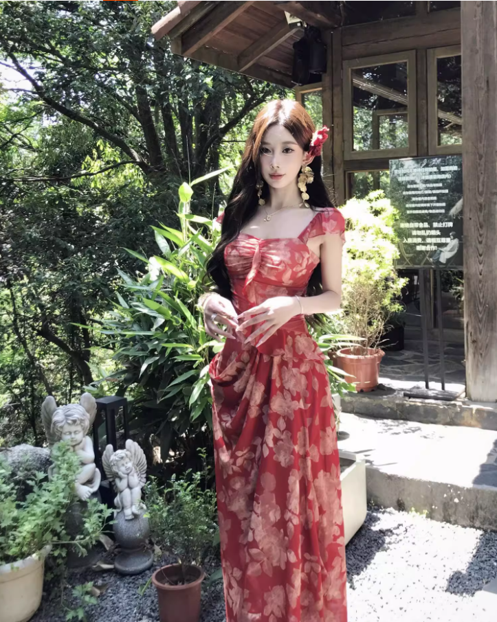 Alluring Square Neck Floral Print Maxi Dress Chic Red Flutter Short Sleeve Draped Slit Long Dress AP1421