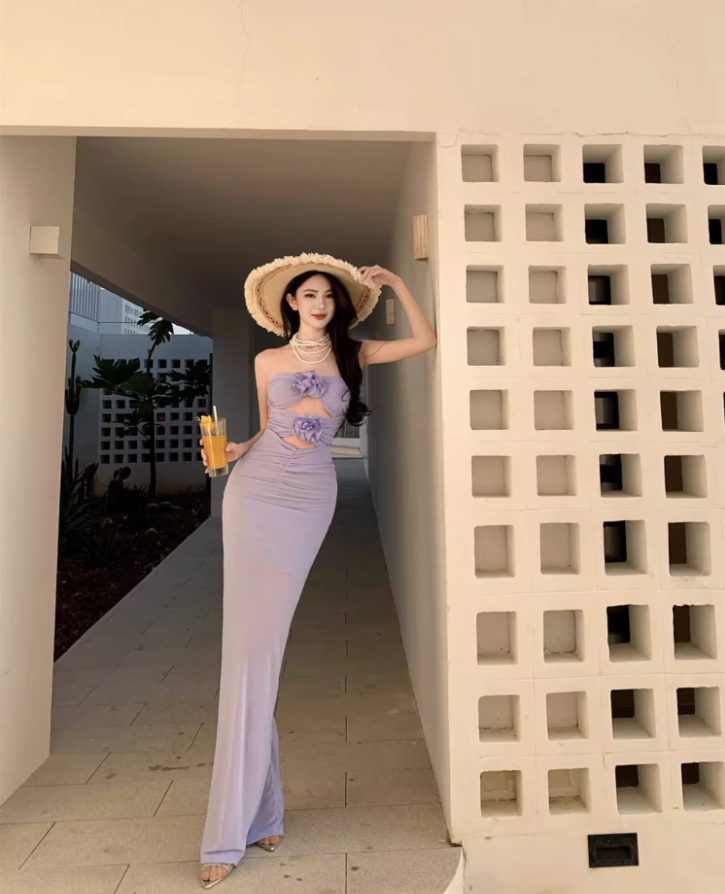 Gorgeous Purple 3D Flowers Hollow-Out Maxi Dress Niche Flexible Mesh Overlay Draped Long Dress AP1423