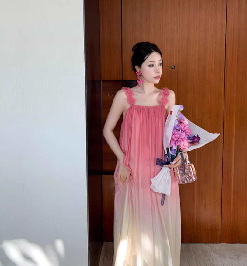 Dopamine Style Gradient Pink Maxi Dress Chic Floral Design Strap Flowy Draped Long Dress AP1424
