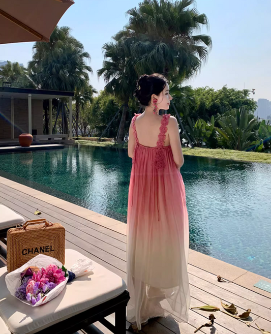 Dopamine Style Gradient Pink Maxi Dress Chic Floral Design Strap Flowy Draped Long Dress AP1424