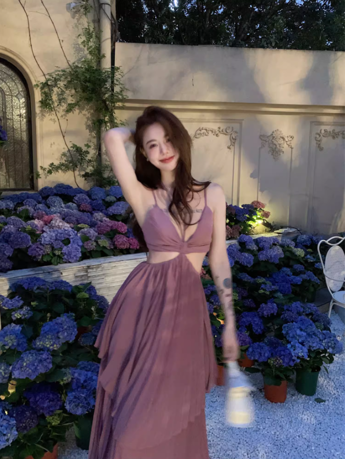 Charming Purple Pressed Pleat Maxi Dress Niche Open-Waist Spaghetti Strap Flowy Long Dress AP1431