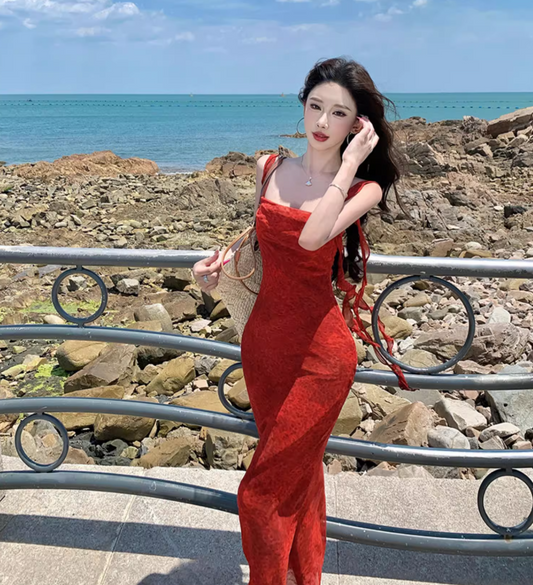 Romantic Flutter Spaghetti Strap Beach Vacations Maxi Dress Vogue Red Printed Bodycon Long Dress AP1432