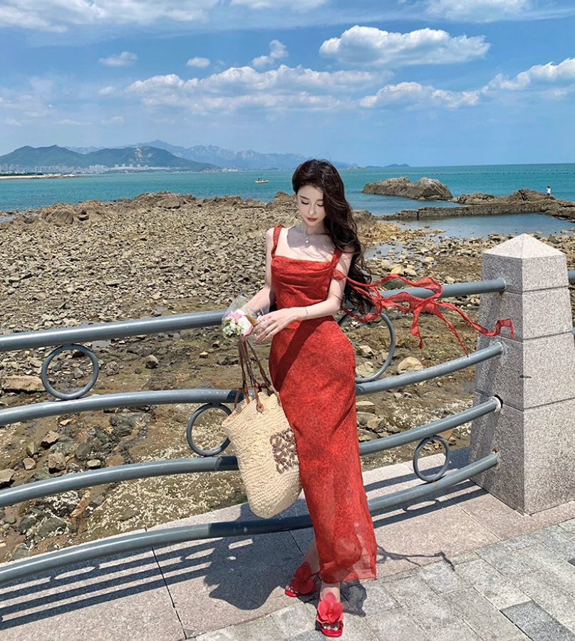 Romantic Flutter Spaghetti Strap Beach Vacations Maxi Dress Vogue Red Printed Bodycon Long Dress AP1432