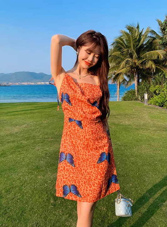 Vigorous Stylish Shoots Orange Leopard Print Mini Skirt Butterfly Accents Charming Tie-Strap Short Dress AP1433