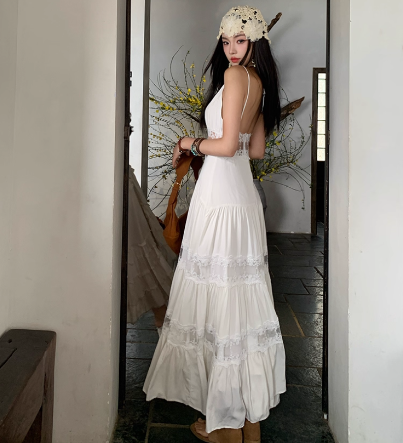Elegant Coastal Trips Spaghetti Strap White Maxi Dress Vogue Sheer Lace Splicing Backless Flowy Long Dress AP1436