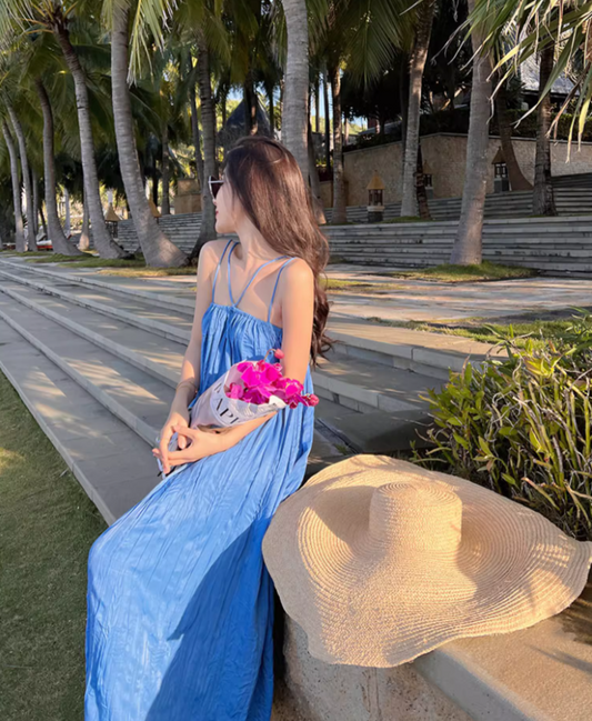 Minimalist Blue Spaghetti Strap Maxi Dress Fashionable Summer Getaways Flowy Loose Fit Long Dress AP1440