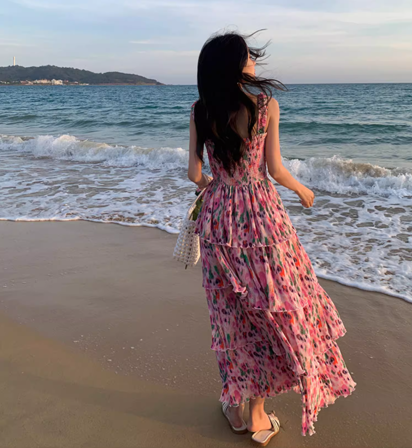 Dopamine Style Colorful Floral Print Maxi Dress Chic Summer Getaways Flowy Spaghetti Strap Tiered Long Dress AP1441