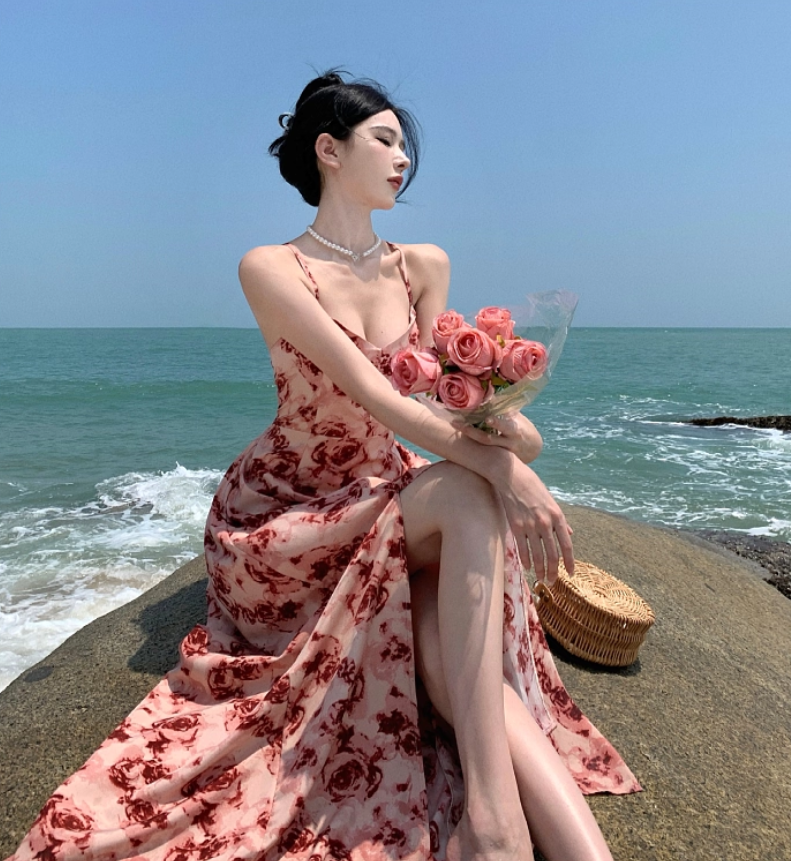 Charming Pink Rose Print Island Vacation Maxi Dress Classical Flowy Spaghetti Strap Cross-Back Tie Long Dress AP1444