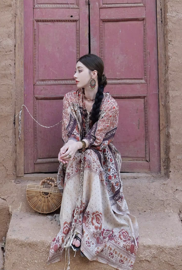 Vintage Ethnic Print Batwing Kaftan Maxi Dress Boho Style Outfit Desert Vacays Long Dress AP1454