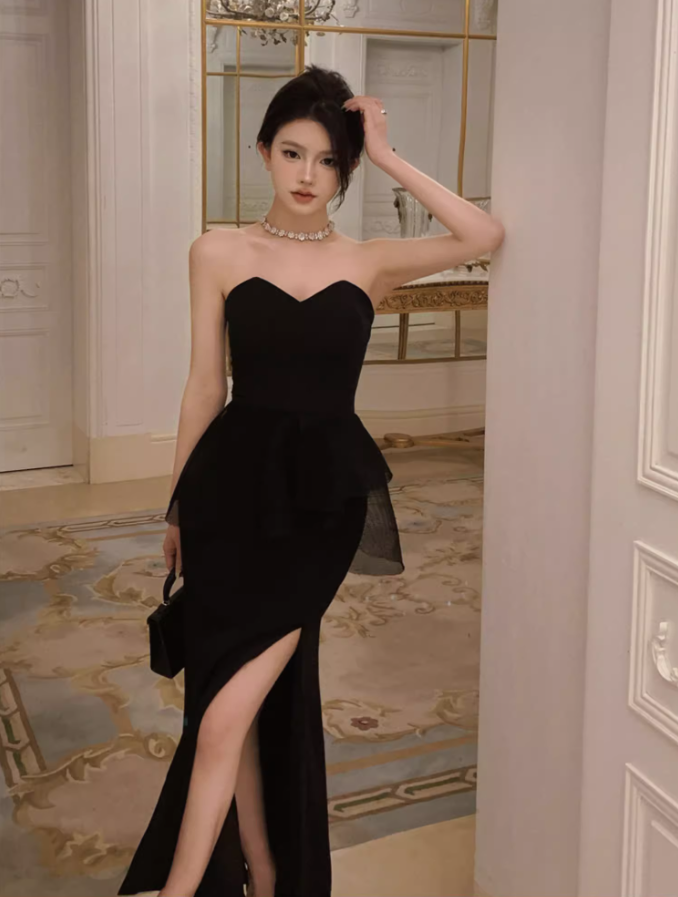 Classical Sheer Tulle Splicing High-Slit Maxi Dress Sexy Black Strapless Sheath Mermaid Long Dress AP1455