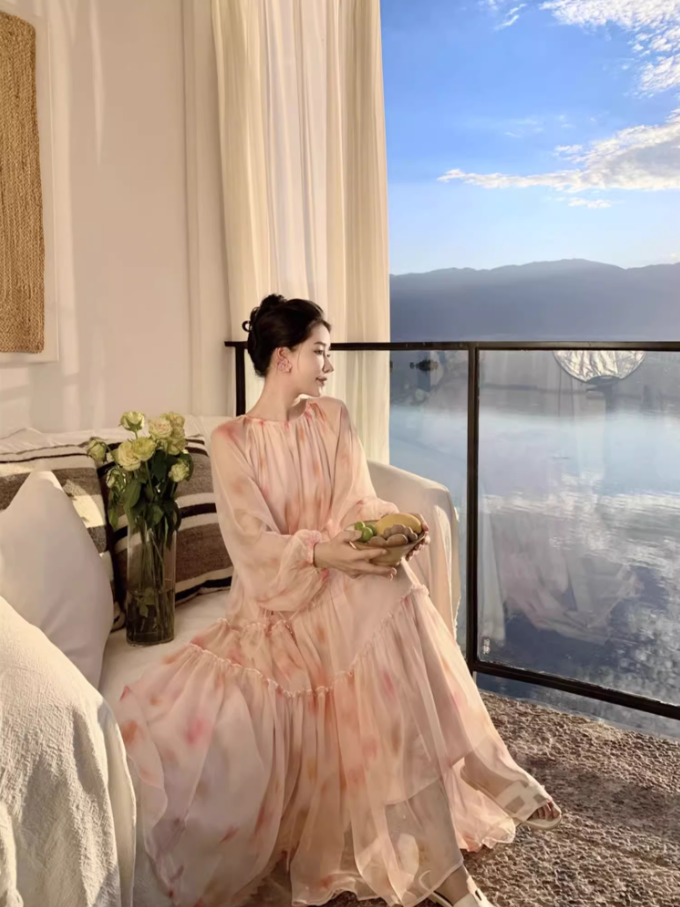 Fairy Pale Pink Chiffon Tiered Ruffle Maxi Dress Elegant Lantern Sleeve Flowy Long Dress AP1458