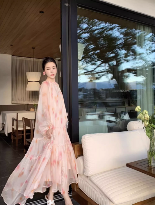 Fairy Pale Pink Chiffon Tiered Ruffle Maxi Dress Elegant Lantern Sleeve Flowy Long Dress AP1458