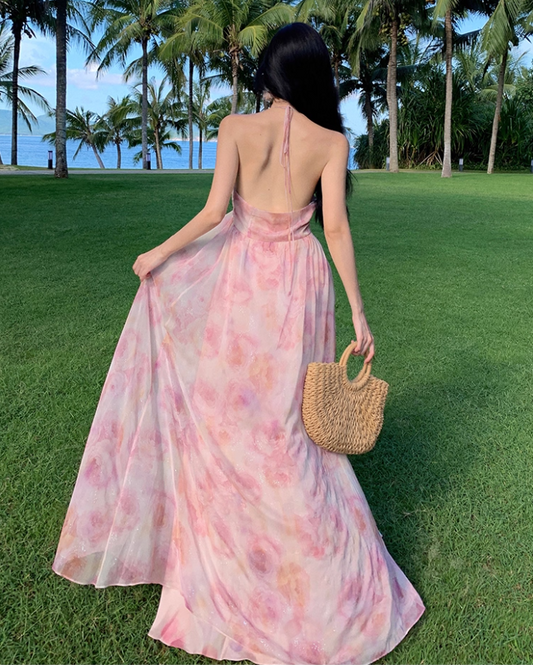 Chic Pink Floral Print Flowy Backless Maxi Dress Fashion Beach Vacays High-Slit Tiered Ruffle Hem Halter Long Dress AP1459