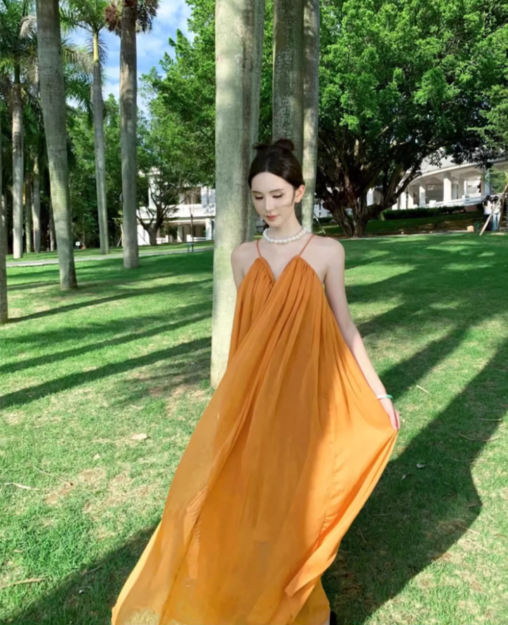 Ethereal Cross-Back Coastal Vacays Flowy Maxi Dress Chic Yellow Outdoor Trips Swing Hem Halter Long Dress AP1463