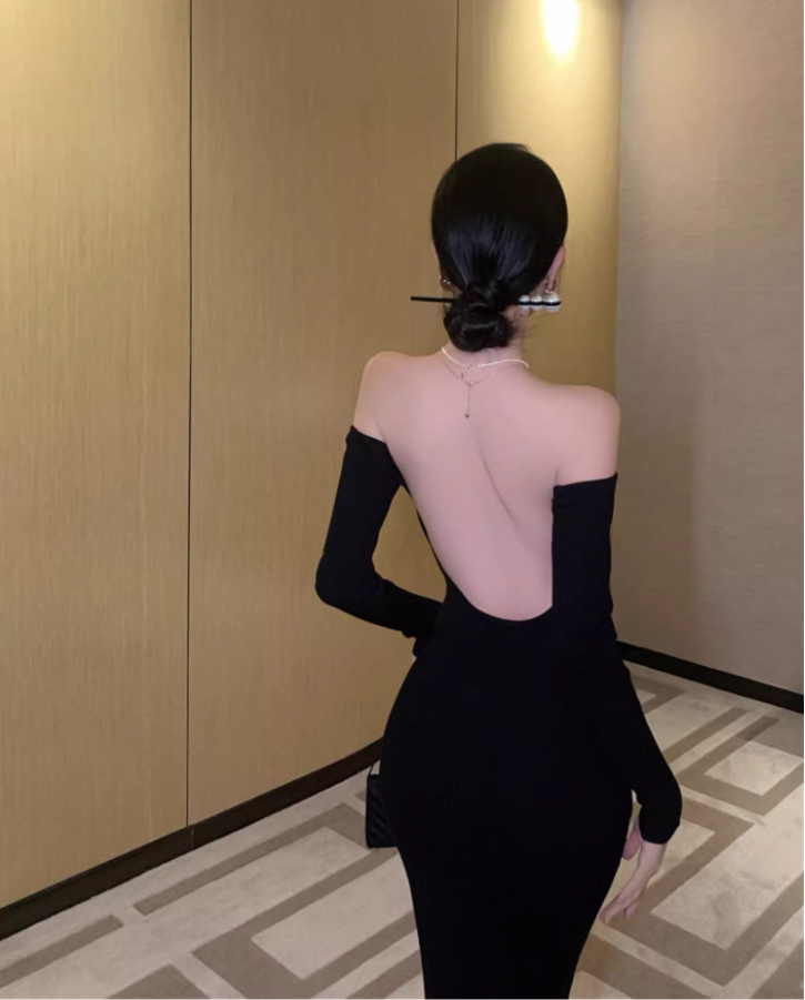 Luxurious Sheath Minimalist Long Sleeve Black Maxi Dress Chic Backless Cinched-Waist Off-Shoulder Long Dress AP1470