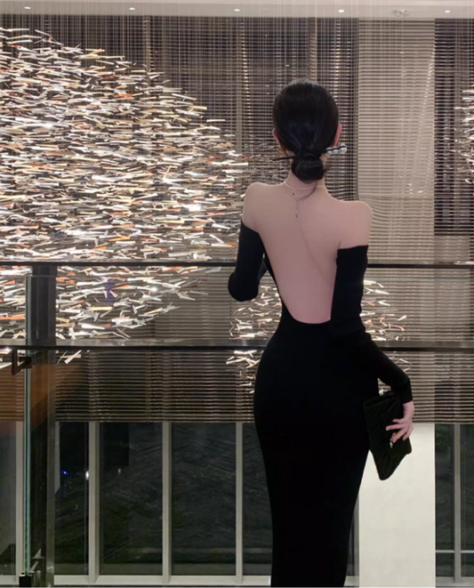 Luxurious Sheath Minimalist Long Sleeve Black Maxi Dress Chic Backless Cinched-Waist Off-Shoulder Long Dress AP1470