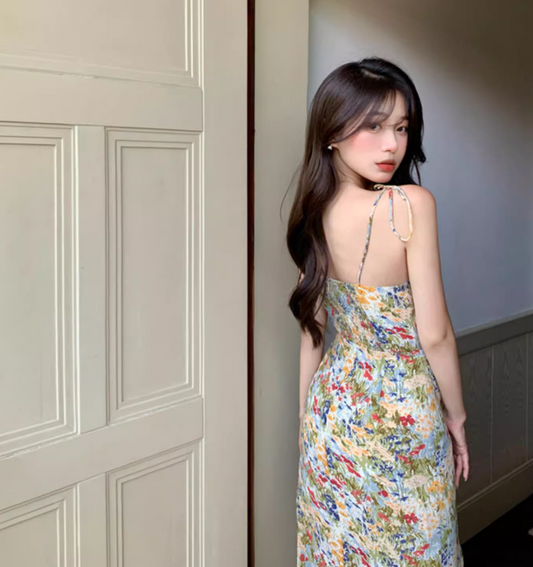 Chic Floral Print Island Vacation High-Slit Maxi Dress Vintage Gathered Adjustable Spaghetti Strap Long Dress AP1472
