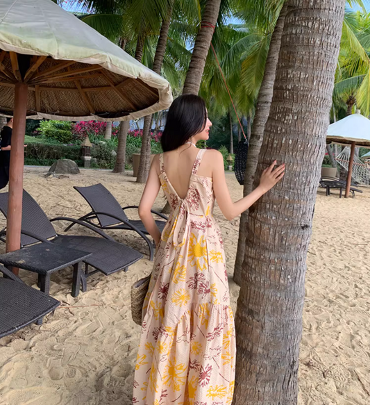 French Style Tie-Back Coastal Trips Maxi Dress Chic Floral Print High-Waisted Long Dress AP1474