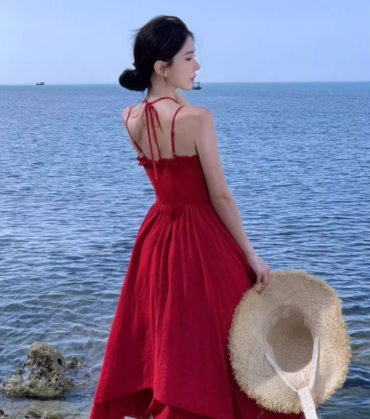 Charming Red Flowers Design Ruffles Trimmed Maxi Dress Vibrant Spaghetti Strap High-Waist Long Dress AP1480