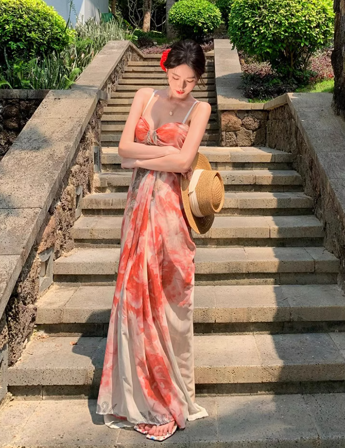 French Style Floral Print Draped Maxi Dress Scenic Vacays Vibrant Flowy Spaghetti Strap Long Dress AP1481