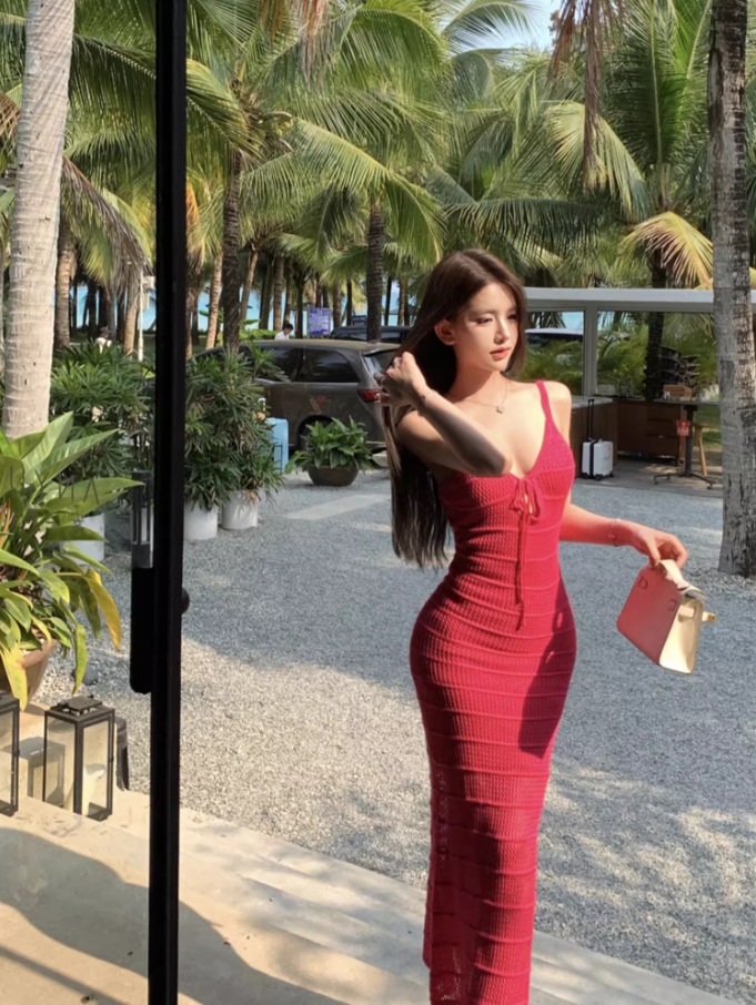 Dopamine Style Pink Knit Cutout Tie Maxi Dress Scenic Vacays Vibrant Bodycon Spaghetti Strap Mermaid Long Dress AP1482