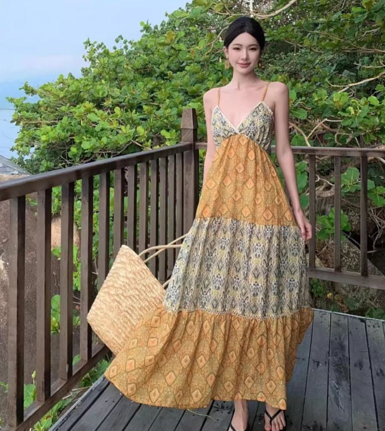 Boho Style Floral Print Tiered Patchwork Maxi Dress Vibrant Flowy Coastal Trips Spaghetti Strap Long Dress AP1485