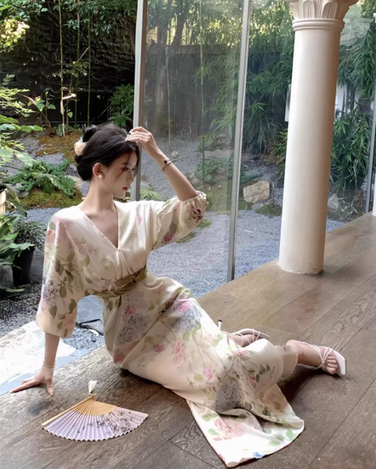 Graceful Lustrous Fabric Floral-Printed Maxi Dress Half-Sleeve Casual Garden Vacays Belted Waist Long Dress AP1489