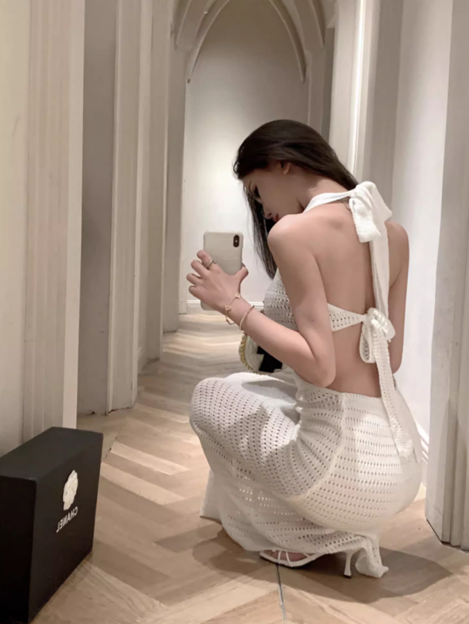 Sexy Cutout White Crochet Maxi Dress Fashion Outdoor Trips Sheath Open-Waist Halter Long Dress AP1496