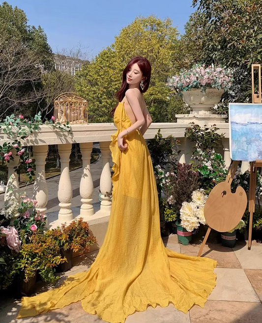 Ethereal Asymmetric Neckline Yellow Maxi Dress Chic Flowy Ruffles High-Slit Hem Halter Long Dress AP1498