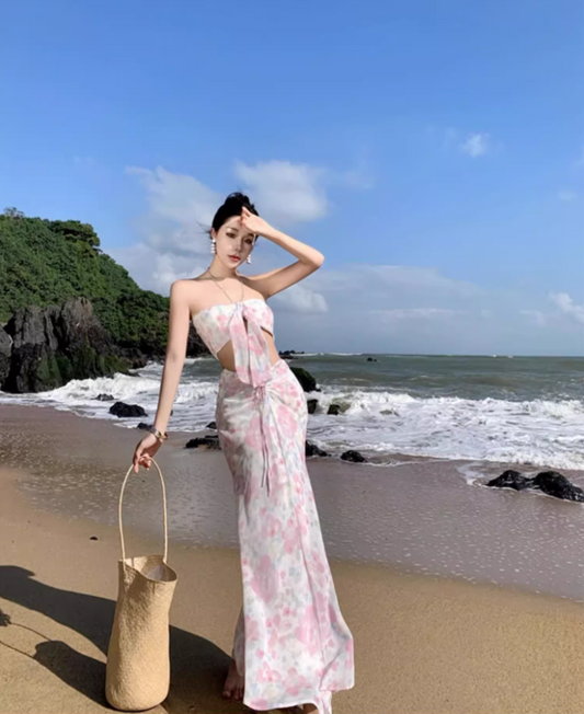Romantic Tie-Front Cutout Two-Piece Set Maxi Dress Vogue Coastal Trips Pastel Floral Print Halter Long Dress AP1499