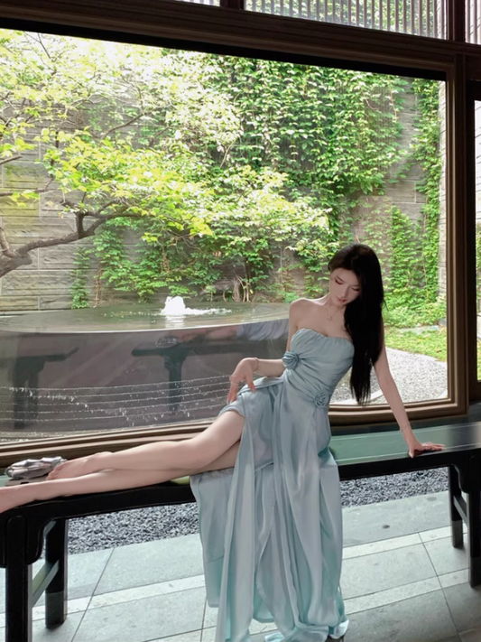 Charming Mint Green Strapless High-Slit Maxi Dress Stylish Shoots Chic Flowy Flowers Design Long Dress AP1506