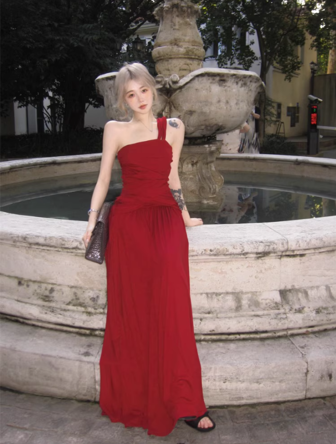 Alluring Red One-Shoulder Maxi Dress Stylish Shoots Vogue Flowy Ruched Bodycon Long Dress AP1507