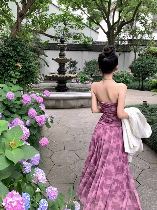 Romantic Stylish Shoots Strapless Floral Print Maxi Dress Fashionable Cinched-Waist Ruched Flowy Hem Long Dress AP1512